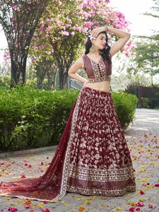 Indian Pakistani Acrylic/Spandex Modal Embroidered Lehenga Set Zari Thread Floral Sleeveless Crop <b>Top</b> Pleated Skirt Moisture - Product Image 1