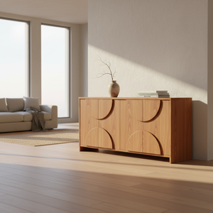 Buffet en bois moderne demi-cercle, meuble de rangement en bois à 4 portes avec panneau en arc, design moderne en arc - Product Image 2