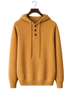 Sudadera con Capucha de Punto Color Mostaza Personalizada para Hombre, con Cierre de Tres Botones, Tejido Suave y Cálido, Cordón Ajustable, Ropa Casual de Invierno - Product Image 1