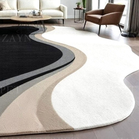 Tapis artisanal en laine à motif vague abstrait, noir, blanc, gris, beige, forme irrégulière, antidérapant, moderne, pour salon, intérieur de maison