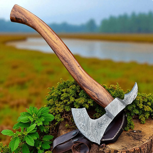 Handcrafted Industrial Damascus Steel Camp Hatchet Genuine Leather Sheath | Wood <b>Handle</b> | Outdoor Survival Tool | Custom OEM - Product Image 1