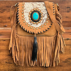 Sac à franges en cuir de vachette et daim produits en gros sac à main à bandoulière et bandoulière en cuir de haute qualité pour femmes avec pierre turquoise - Product Image 2