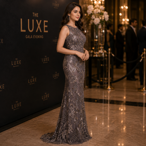 Robe de soirée sirène en dentelle florale de luxe |   Robe maxi brodée sans manches |   Robe de soirée élégante pour femmes, idéale pour les mariages et les bals - Product Image 2