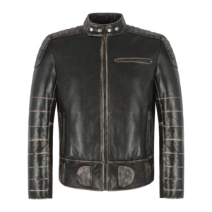 <b>Mens</b> THUNDER Vintage Waxed Genuine Napa Leather Biker <b>Jacket</b> Quilted Piping Panels Polyester Lining Standup Collar Custom - Product Image 1