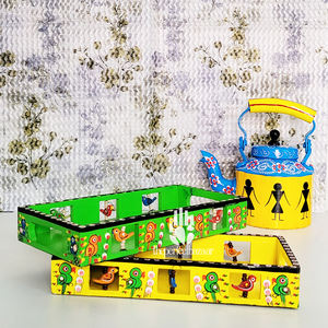 Plateau de service en rotin multicolore peint à la main, design moderne, compatible lave-vaisselle, sans danger pour les aliments, portable - Product Image 1