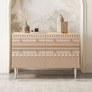 Luxury Handcrafted Solid Wood 6 Drawer Dresser Ornate Tribal Geometric Carving Natural Oak Finish - Product Image 1