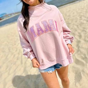 Pink Oversized <b>Mock</b> <b>Neck</b> Turtleneck Sweatshirt Glitter Mama Print Fleece Pullover Unisex Autumn Wear - Product Image 2