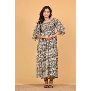 Robe maxi bohème en coton 100% indien à imprimé bloc, pour femmes, à manches longues smockées, pour l'été et l'automne, à porter pour les fêtes - Product Image 1