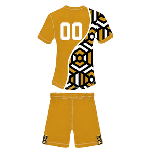 Ensemble short et maillot de rugby géométrique jaune moutarde, noir et blanc, à manches courtes, col rond, personnalisable, respirant, pour entraînement et équipe sportive - Product Image 2