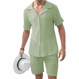 Ensemble 2 pièces personnalisé pour homme : chemise boutonnée en maille gaufrée et short, tenue d'été décontractée en tissu avec poches - Product Image 1