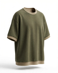 Men's Oversized 100% Cotton <b>T</b>-<b>Shirt</b> <b>Olive</b> <b>Green</b> Short Sleeve Contrast Trim O Neck Casual Knit Top - Product Image 3