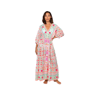 Robe maxi à col en V à imprimé mexicain unique pour femmes, manches volumineuses brodées de miroirs, robe glamour, grande taille