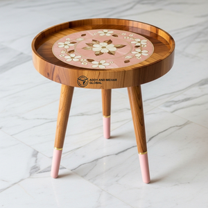 Wholesale Custom Artisan Wooden <b>Stool</b> Hand-Painted Floral Inlay Decorative Stand Durable Solid Wood Tripod Side <b>Table</b> - Product Image 1
