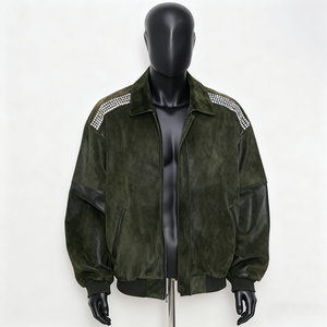 Men's Green PU Leather Bomber <b>Jacket</b> <b>Star</b> Print Turn-down Collar Zipper Closure Casual Autumn Wear - Product Image 3