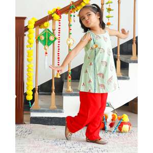 Conjunto de Dhoti de Rayón Verde Golfo para Niños, para Ocasiones Festivas como Diwali - Product Image 3