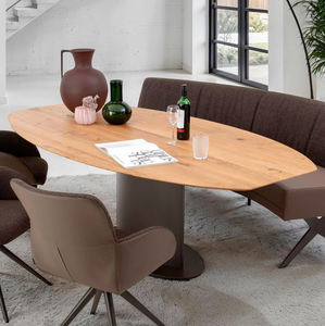 Table de salle à manger moderne en bois d'acacia massif, base ovale en tôle métallique, noir et naturel, écologique, facile à nettoyer, pour la maison et la cuisine - Product Image 1