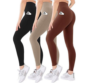Leggings de yoga taille haute pour femmes, longueur intégrale, noir uni, satin écologique, avec poches, sans coutures, extensibles dans quatre directions, vêtements de sport - Product Image 4