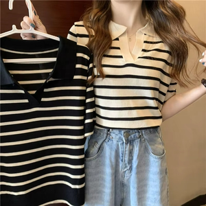 Nouveau cardigan d'été version coréenne, col en V, rayé, féminin, ajusté, manches courtes, pour femme de bureau, en maille nylon/coton - Product Image 4