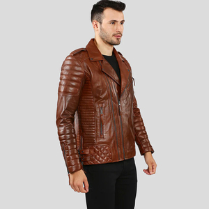 Veste de moto en cuir véritable marron pour homme, coupe ajustée, col rabattu, fermeture éclair, style motard, vêtement d'automne - Product Image 3