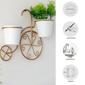 Support mural en métal rétro pour plantes vertes avec deux pots blancs, design circulaire, style rustique - Product Image 4
