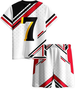Kids Soccer Uniform Set - White Red Black Geometric Print Jersey Shorts Sublimated 100% Polyester Breathable Crew Neck - Product Image 2