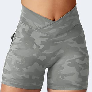 Women High Waist Crossover Camo <b>Yoga</b> <b>Shorts</b> Quick Dry Gym Running Athletic Biker <b>Shorts</b> - Product Image 1