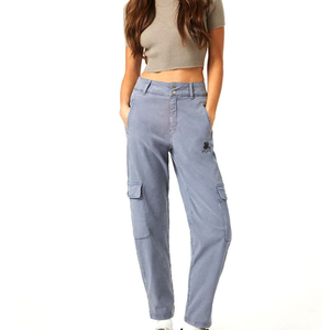 Pantalon cargo taille haute pour femme, bleu uni, coupe droite, longueur intégrale, avec poches, style décontracté, en toile respirante tissée - Product Image 1