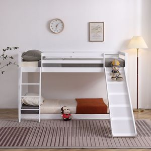 White Twin Pine Wooden Kids' Bed with Elevated Cross Guard Rail & <b>Slide</b> - Product Image 3
