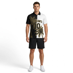 Polo de Hombre con Estampado de Palmeras en Blanco y Negro, Manga Corta, Casual, Transpirable, de Poliéster Tejido, con Diseño de Logotipo Frontal - Product Image 1