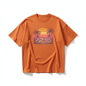 Camiseta de Hombre con Estampado Tropical Atardecer Naranja, Manga Corta, Cuello Redondo, Informal, 100% Algodón, Transpirable, Corte Regular - Product Image 1