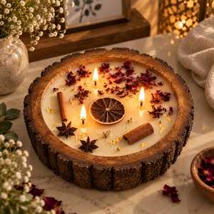 Bougie en cire de soja artisanale en rondelle de bois, récipient rustique en écorce d'arbre, écologique, avec pétales de rose séchés, cannelle et anis étoilé, lumière orange - Product Image 2