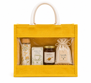 Sac fourre-tout en jute jaune AMANI avec fenêtre transparente, poignées blanches, taille moyenne, origine Bengale occidental, design durable pour offrir en cadeau - Product Image 4