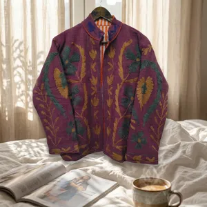 Chaqueta de Invierno para Mujer, Tejida con Diseño Floral Suzani, Cuello Alto, 100% Algodón, Transpirable y Resistente al Viento - Product Image 5