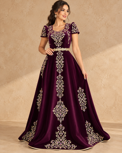 Wine Velvet Modest Maxi <b>Dress</b> Long Sleeve V Neck <b>Gold</b> Embroidery Plus Size Floor Length a Line Breathable <b>Party</b> Eid Muslim Gown - Product Image 5