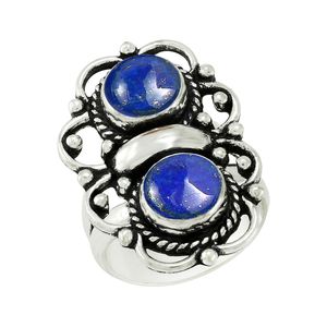 Bague vintage en argent sterling 925 avec lapis-lazuli naturel, bague bohème à deux pierres pour femmes, bijoux ethniques oxydés faits à la main - Product Image 1