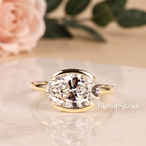Luxury Gold Oval Cut <b>Ring</b> with Big Oval Center Stone, Open Bezel Setting and Polished Band Fine Jewelry Statement Cocktail <b>Rings</b> - Product Image 1