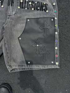 Shorts en jean baggy pour homme, style streetwear, avec logo personnalisé imprimé, patch en cuir, broderie, délavage vintage, strass James - Product Image 3