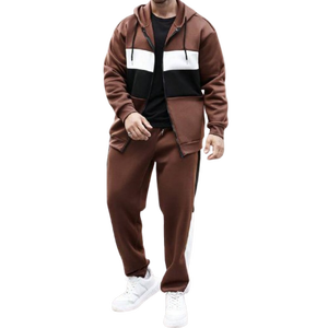 Mens Brown <b>White</b> and Black Colorblock Full-Zip Hooded <b>Tracksuit</b> with Matching Pants OEM ODM Wholesale Apparel - Product Image 1