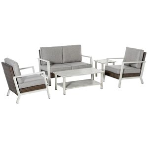 Set da Esterno Tranquillo in Rattan PE Beige a 5 Pezzi con Divanetto, Tavolino da Caffè e Tavolini Laterali per Patio e Giardino - Product Image 1