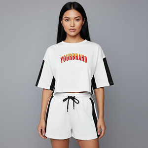 OEM/ODM 100% Cotton Women's Solid Embroidered Vintage Lace Short <b>Set</b> Custom Silk Screen Printed Logo Oversized Drop Shoulder - Product Image 1