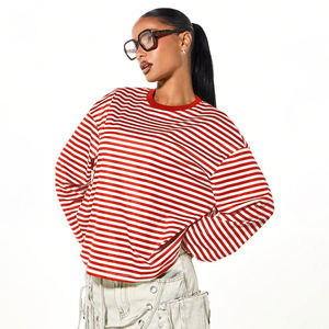 Nueva Llegada 2026 Camiseta de Mujer de Verano de Manga Larga con Cuello Redondo, Holgada, Lisa, Ecológica, a la Moda, Casual, con Rayas - Product Image 1