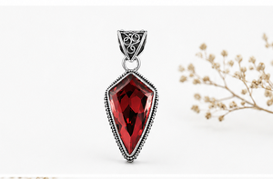 Natural Red Garnet Silver Pendant, 925 Sterling Silver Garnet <b>Necklace</b>, Handmade Boho Gemstone Jewelry, Vintage Style Pendant - Product Image 2