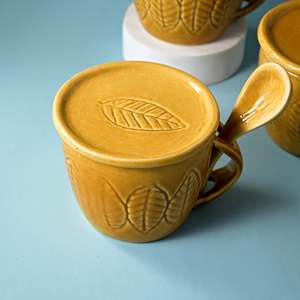 Beige Ceramic Magic <b>Mug</b> Set Microwave Safe Soup <b>Mug</b> with Lid and Spoon Sublimation Blank for <b>Tea</b> (Set of 6) - Product Image 1
