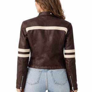 Chaqueta Corta de Cuero Genuino Marrón para Mujer con Detalle de Raya Blanca, Logotipo Personalizado, Diseño Transpirable para Invierno - Product Image 2