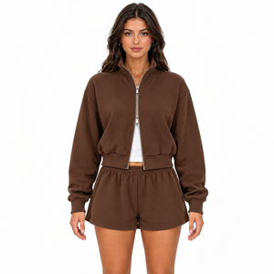 <b>Women</b> Zip Front Jacket <b>Long</b> Sleeve Oversized Sweatshirt Top Matching Casual Summer <b>Shorts</b> Private Label Two Piece Clothing Set - Product Image 5