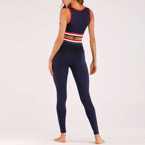 Navy <b>Blue</b> Two Piece Yoga Set Racerback Crop Top High Waist Full Length Leggings Contrast Binding Seamless Four Way Stretch - Product Image 1