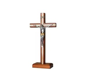 Traditional Modern Art Metal <b>Wood</b> Wall Hanging Crucifix Silver Jesus Figure Dark Red Cross Customizable for Indoor Living Room - Product Image 1