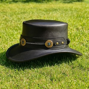 Premium quality custom made Handmade Black Leather Top <b>Hat</b> <b>Steampunk</b> Gothic Cowboy Style - Product Image 2