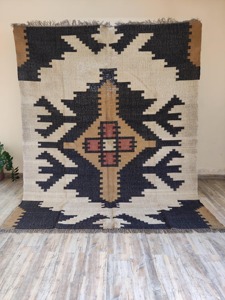 Alfombra de Lana Acrílica con Patrón Geométrico, Tejida a Mano, Estilo Bohemio, Rectangular, para Sala de Estar, en Negro y Beige - Product Image 3