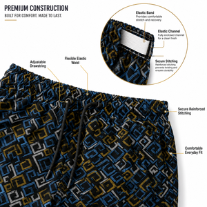 กางเกงขาสั้นพิมพ์ลายเรขาคณิตผู้ชายแห้งเร็ว มีเชือกผูกเอว กางเกงว่ายน้ำลำลองเอวกลาง สีน้ำเงิน สีดำ สีเหลือง ลายพิมพ์ - Product Image 5